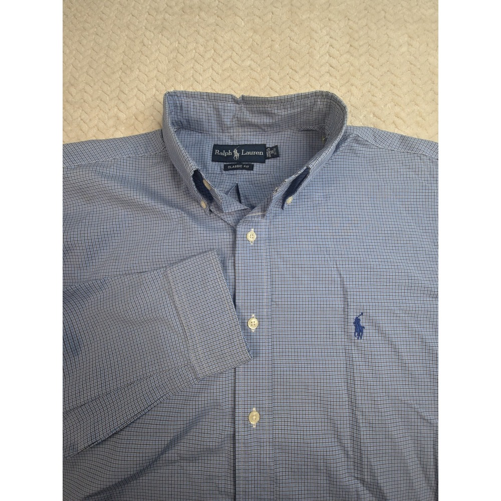 Ralph Lauren Mens Blue Checkered Button Down Short Sleeve Shirt